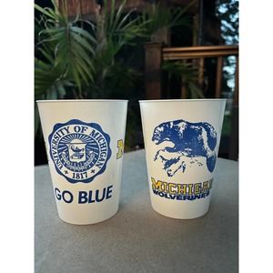 Pair of Vintage 1980s University of Michigan Plastic Cups, Go Blue, Wolverines,